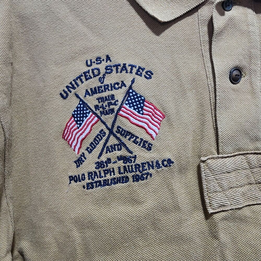 Polo Ralph Lauren Men’s L Khaki USA Flag Crest Big Pony Polo Shirt Embroidered - Picture 2 of 5